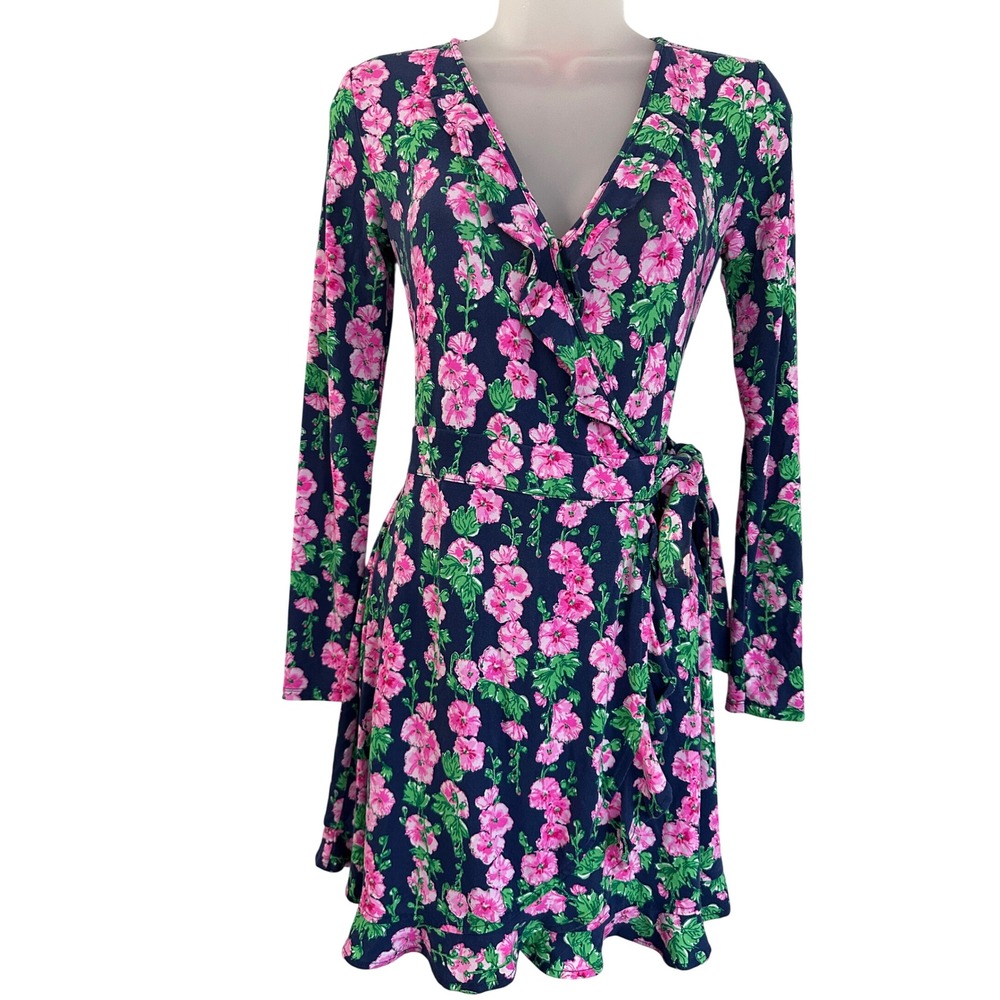 Lilly Pulitzer Mirelle Oyster Bay Navy De Vine Ruffle Floral Wrap Dress Size XS